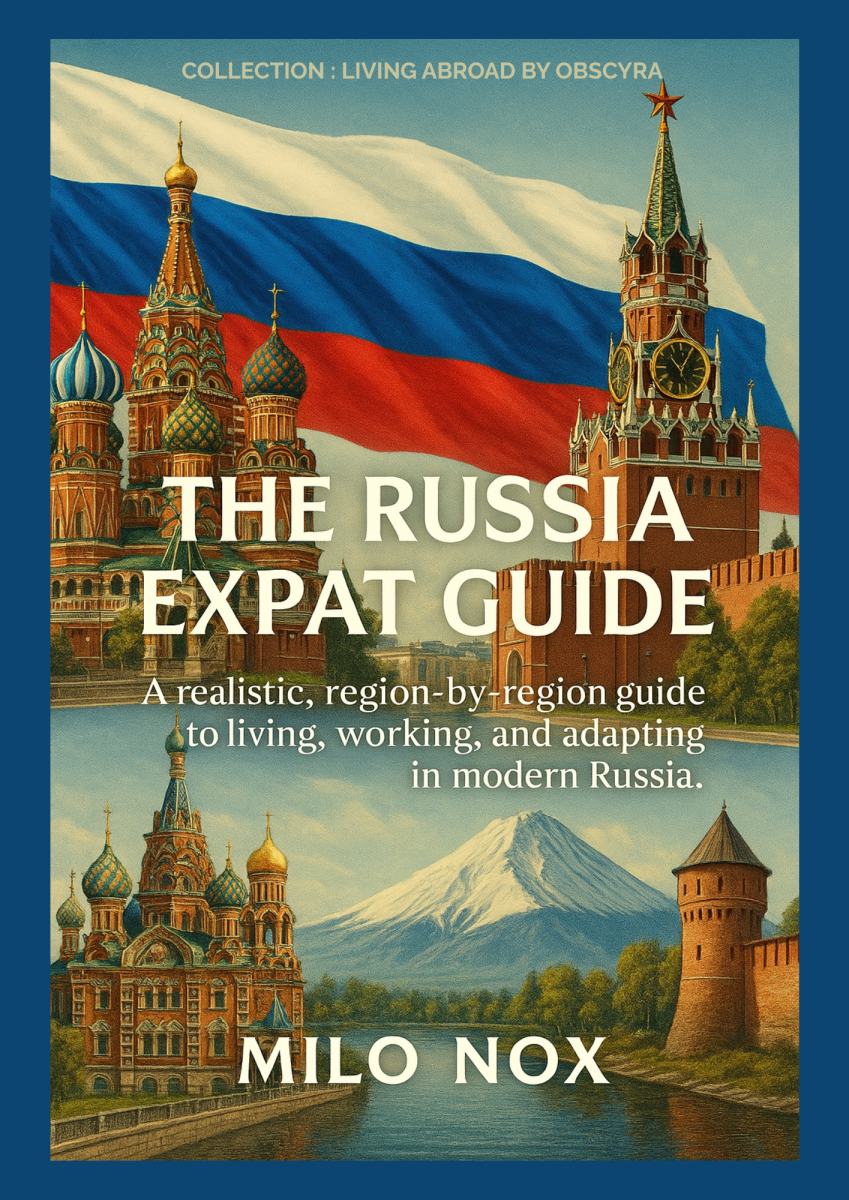 Cover of "The Russia Expat Guide" by Milo Nox, showing iconic Russian landmarks overlaid with the Russian flag.