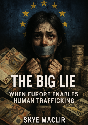 Book cover of The Big Lie by Skye MacLir – a dark illustration featuring a bound victim, EU flag, and Euro notes to symbolize human trafficking in Europe.