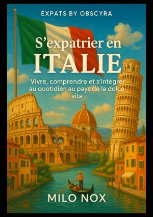 Couverture du guide “S’expatrier en Italie” avec monuments emblématiques : Colisée, Tour de Pise, Dôme de Florence et drapeau italien.