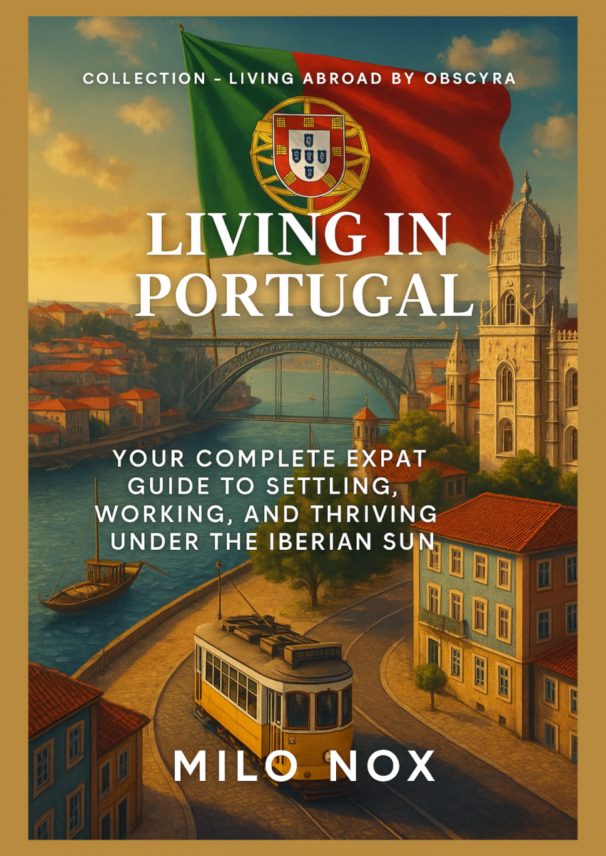 Book cover showing a yellow Lisbon tram near a river and historic buildings, under a waving Portuguese flag with a golden border.