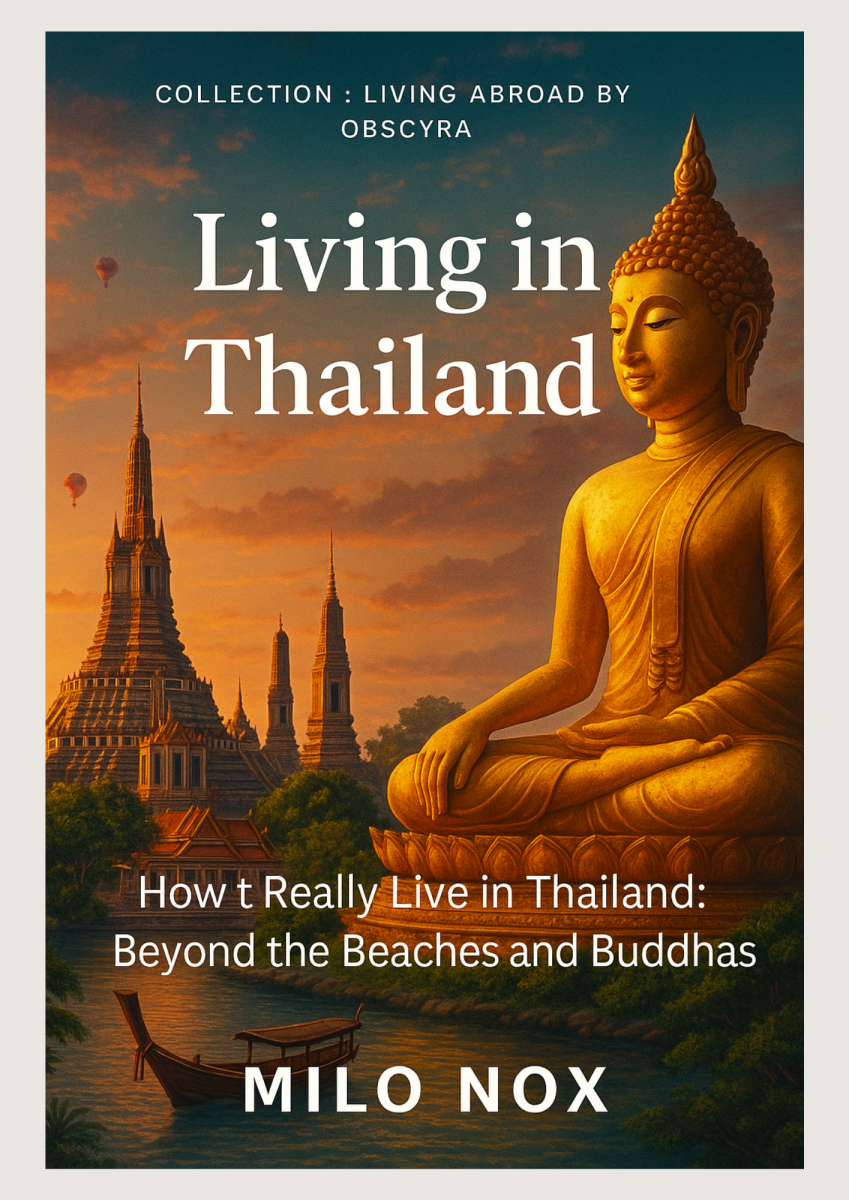 Book cover for “Living in Thailand” showing a large golden Buddha statue in front of Thai temples at sunset, with hot air balloons in the sky.