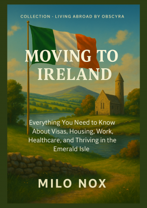 Book cover for “Moving to Ireland” featuring the Irish flag flying over a green countryside with a stone church and winding river in the background.