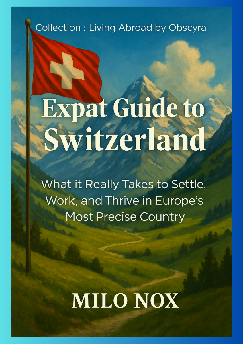 Book cover of “Expat Guide to Switzerland” by Milo Nox showing a Swiss flag in front of green alpine hills and snowy peaks, with title in bold white text.
