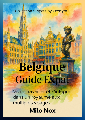 Couverture de Belgique Guide Expat par Milo Nox, collection Expats by Obscyra, avec une aquarelle de la Grand-Place de Bruxelles et la statue du Manneken Pis.