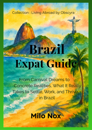 Cover of Brazil Expat Guide by Milo Nox, Living Abroad by Obscyra collection, featuring a watercolor of Rio’s Sugarloaf Mountain and Christ the Redeemer.