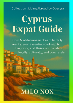 Book cover of “Cyprus Expat Guide” by Milo Nox featuring a coastal Mediterranean village with red-roof houses over cliffs, in soft sunset tones.