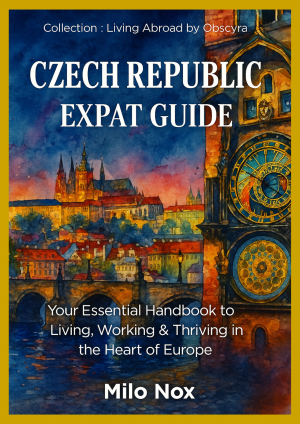 Book cover of “Czech Republic – Expat Guide” by Milo Nox, Living Abroad by Obscyra, with watercolor of Prague skyline and astronomical clock.