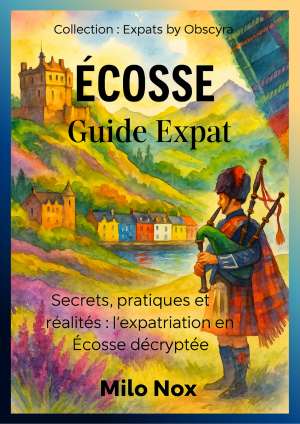 Couverture du livre « Écosse – Guide Expat » de Milo Nox, collection Expats by Obscyra, avec illustration aquarelle d’un joueur de cornemuse et d’un château écossais.