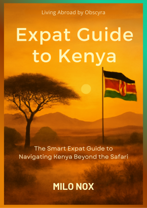 Cover of the Expat Guide to Kenya with a view of the Kenyan landscape, a sunset, and the Kenyan flag, symbolizing the spirit of the guide.