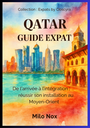 Couverture du livre « Qatar – Guide Expat » de Milo Nox, collection Expats by Obscyra, avec illustration aquarelle de Doha entre gratte-ciel modernes et architecture traditionnelle.