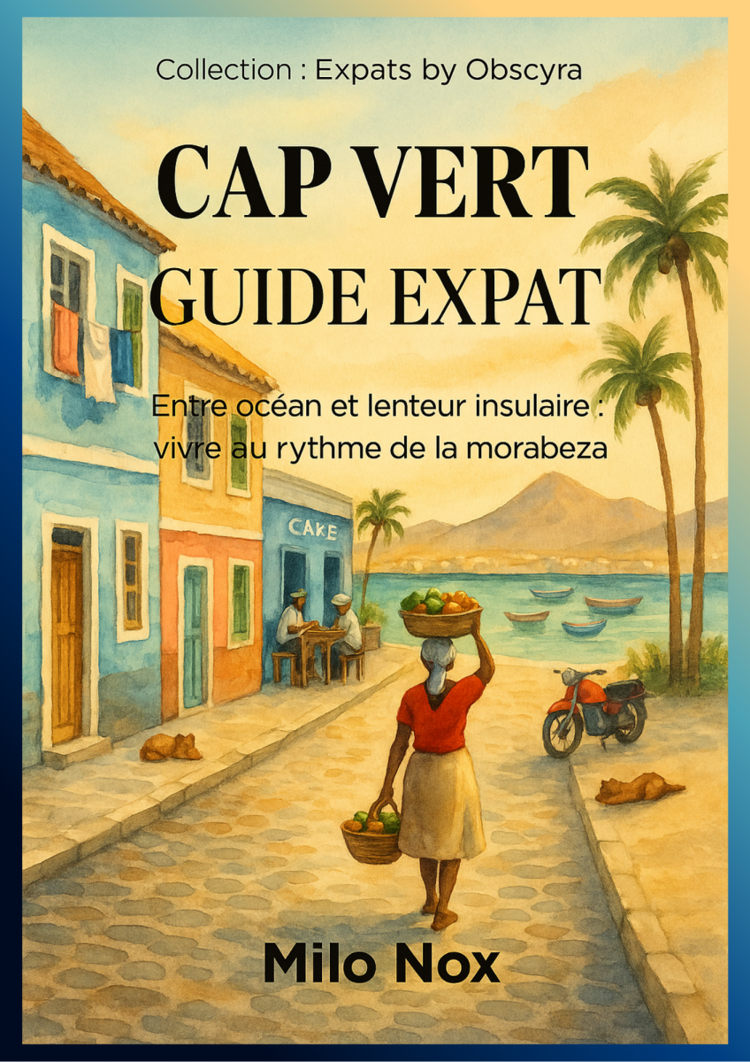 Couverture du Cap Vert Guide Expat montrant une femme portant des fruits dans une rue côtière colorée, avec la mer et des bateaux en arrière-plan.