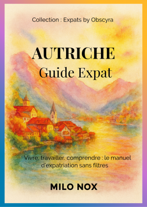 Couverture aquarelle représentant un paysage autrichien avec village alpin et montagnes, titre « Autriche – Guide Expat ».
