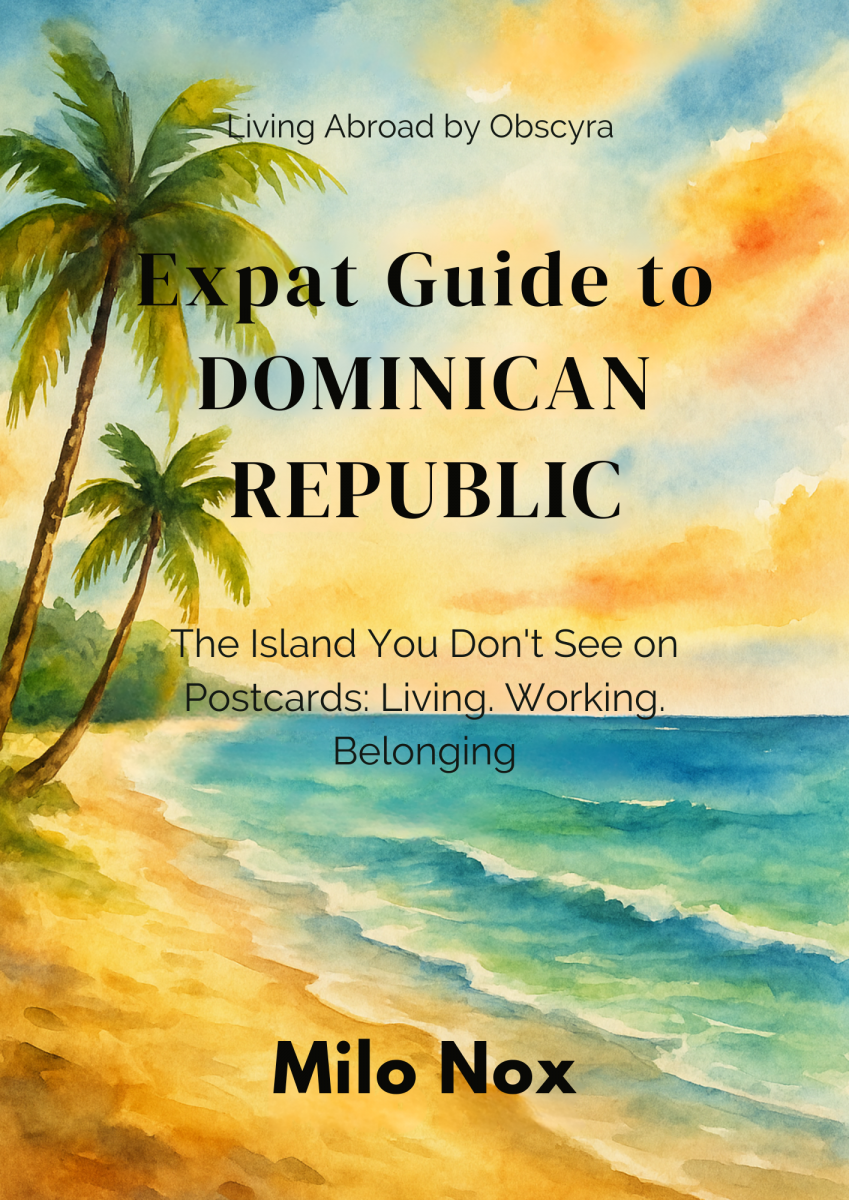 Watercolor cover with a Dominican coastal landscape and the title “Expat Guide to Dominican Republic”.