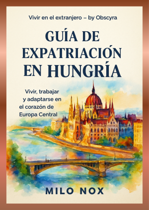 Portada del libro “Guía de Expatriación en Hungría” de Milo Nox, mostrando una acuarela colorida del Parlamento de Budapest junto al Danubio bajo un cielo luminoso.