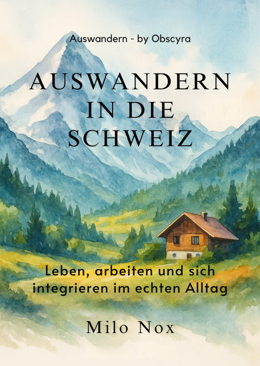 Buchcover „Auswandern in die Schweiz“ von Milo Nox: Aquarell einer Berghütte in einem sonnigen Alpen­tal, umgeben von Wäldern und schneebedeckten Gipfeln.