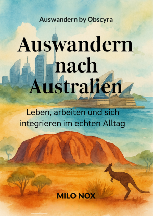 Aquarell-Cover mit australischem Outback, Sydney Opera House und einem Känguru, Titel „Auswandern nach Australien“.