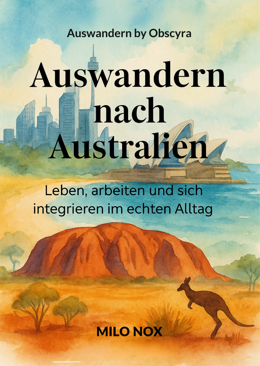 Aquarell-Cover mit australischem Outback, Sydney Opera House und einem Känguru, Titel „Auswandern nach Australien“.