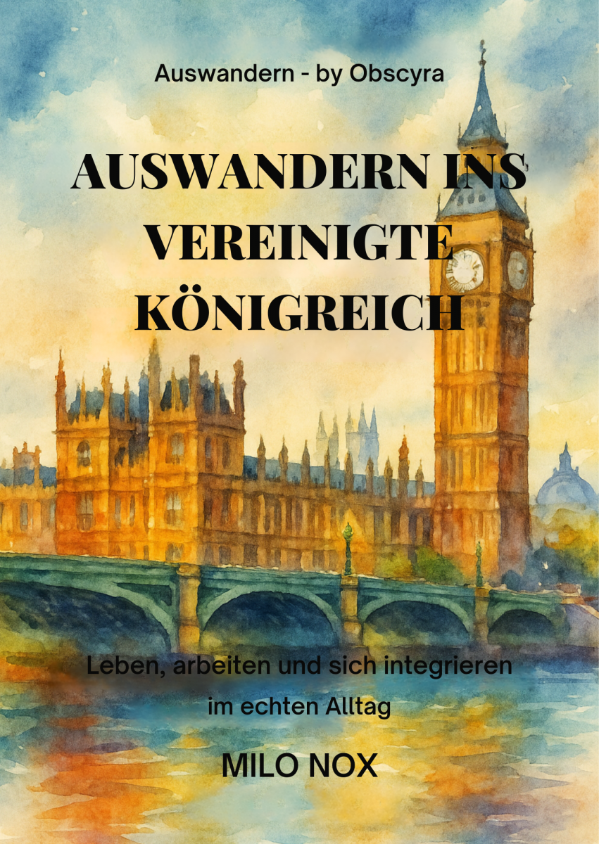 Aquarell-Cover mit Big Ben, Westminster und dem Titel „Auswandern ins Vereinigte Königreich“.