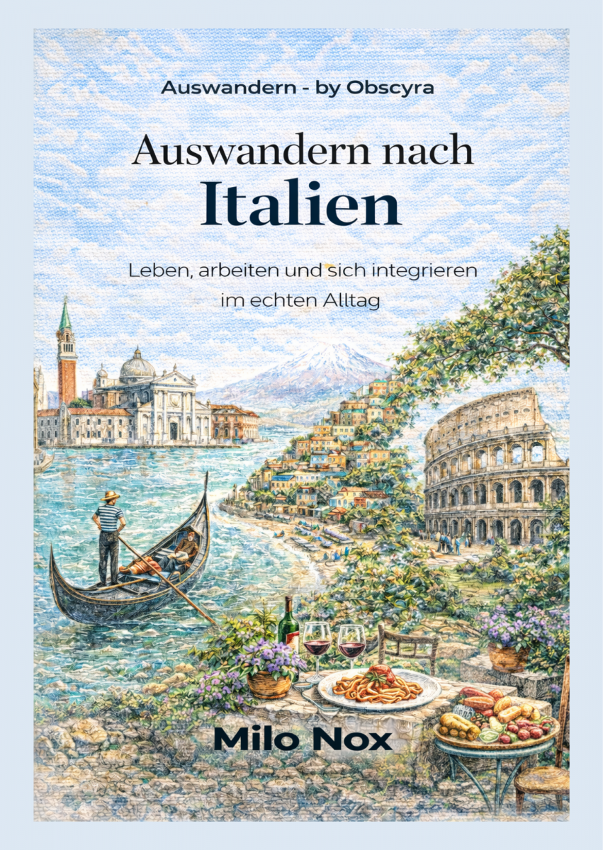 Aquarell-Illustration von Italien: Gondel auf einem Kanal, bunte Häuser auf einer Küstenhügel, Kolosseum, Tisch mit Wein und Pasta, Küstenlandschaft und Vulkan im Hintergrund.