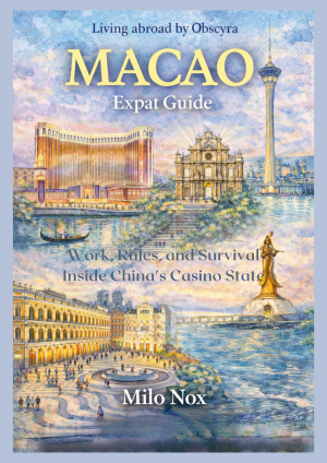 Illustrated cover showing Macau landmarks including casinos, Senado Square, Ruins of St. Paul, Macau Tower, and waterfront scenes, symbolizing life inside a casino-driven city-state.