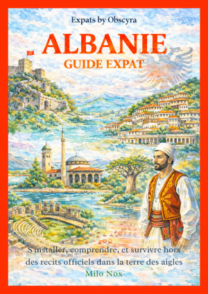 Illustration aquarelle de l’Albanie : montagnes, village typique, mosquée, théâtre antique et homme en costume traditionnel, sous le titre ALBANIE GUIDE EXPAT par Milo Nox.