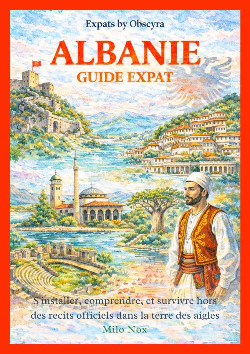 Illustration aquarelle de l’Albanie : montagnes, village typique, mosquée, théâtre antique et homme en costume traditionnel, sous le titre ALBANIE GUIDE EXPAT par Milo Nox.
