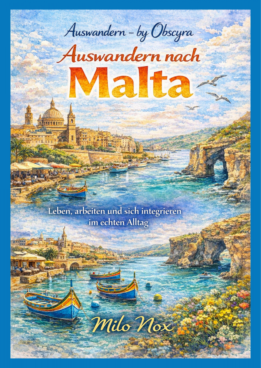 Aquarell-Cover mit Blick auf Maltas Küste, traditionelle Luzzu-Boote im türkisblauen Wasser, Kalksteinarchitektur, Felsbogen und mediterrane Stadtsilhouette bei Sonnenlicht.