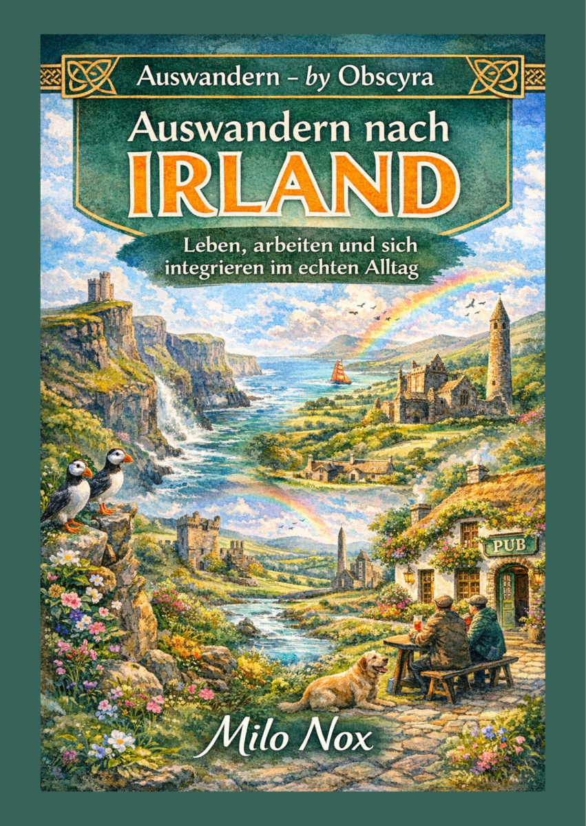 Aquarellillustration von Irland mit grünen Klippen, Wasserfall, Burgen, Regenbogen, Pub-Szene und Papageientauchern, Titel „Auswandern nach Irland“.