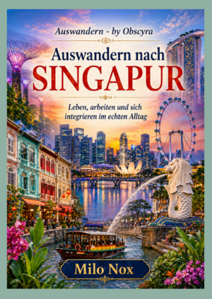 Couverture montrant Singapour au coucher du soleil avec Marina Bay Sands, la grande roue, le Merlion, des bâtiments coloniaux colorés et un bateau sur la rivière, avec le titre Auswandern nach Singapur et le nom Milo Nox.