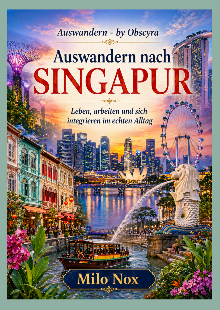 Couverture montrant Singapour au coucher du soleil avec Marina Bay Sands, la grande roue, le Merlion, des bâtiments coloniaux colorés et un bateau sur la rivière, avec le titre Auswandern nach Singapur et le nom Milo Nox.