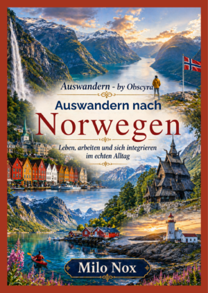Buchcover mit norwegischen Fjorden, Bergen, bunten Häusern, Stabkirche und Leuchtturm, Titel Auswandern nach Norwegen und Autor Milo Nox im Vordergrund.