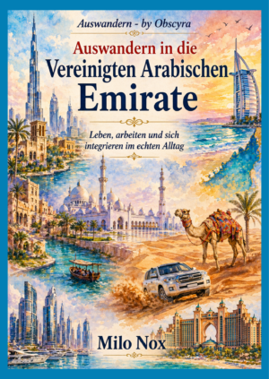 Illustration aquarelle der Vereinigten Arabischen Emirate mit Moschee, Wüste, Kamel, moderner Stadt und Küste, Titel auf Deutsch und Autor Milo Nox.