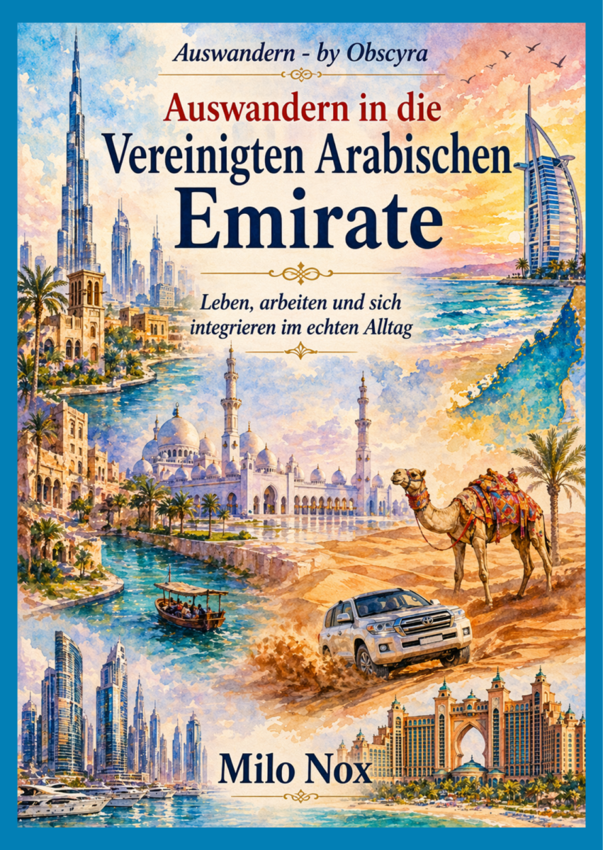 Illustration aquarelle der Vereinigten Arabischen Emirate mit Moschee, Wüste, Kamel, moderner Stadt und Küste, Titel auf Deutsch und Autor Milo Nox.
