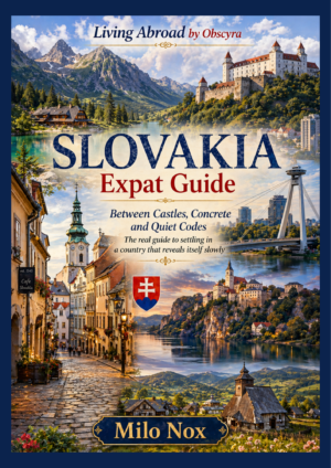 Illustrated collage of Slovakia featuring mountains, castles, Bratislava skyline, historic streets and countryside, with the title “Slovakia Expat Guide” and author Milo Nox.