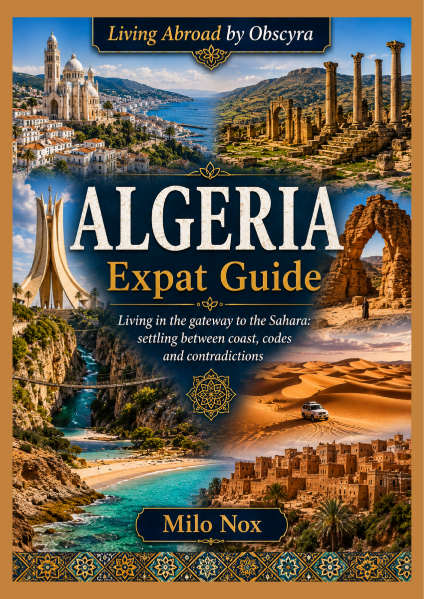 Cover of “ALGERIA Expat Guide” featuring Algerian coastal cities, Roman ruins, desert arches, Saharan dunes, turquoise canyons and traditional architecture under warm Mediterranean light.