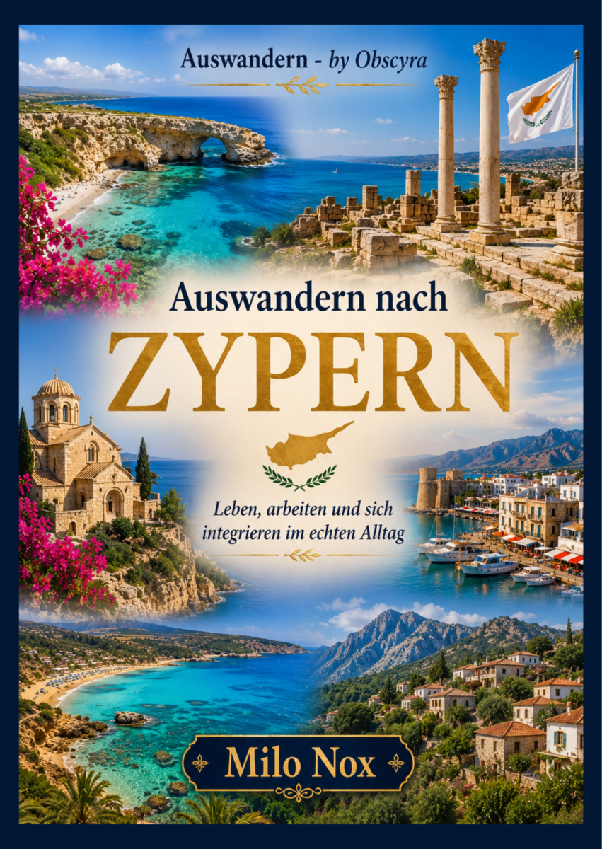 Couverture du livre “Auswandern nach Zypern” montrant des paysages côtiers chypriotes, des ruines antiques, le drapeau de Chypre, des églises, des ports méditerranéens, des montagnes et le nom Milo Nox.