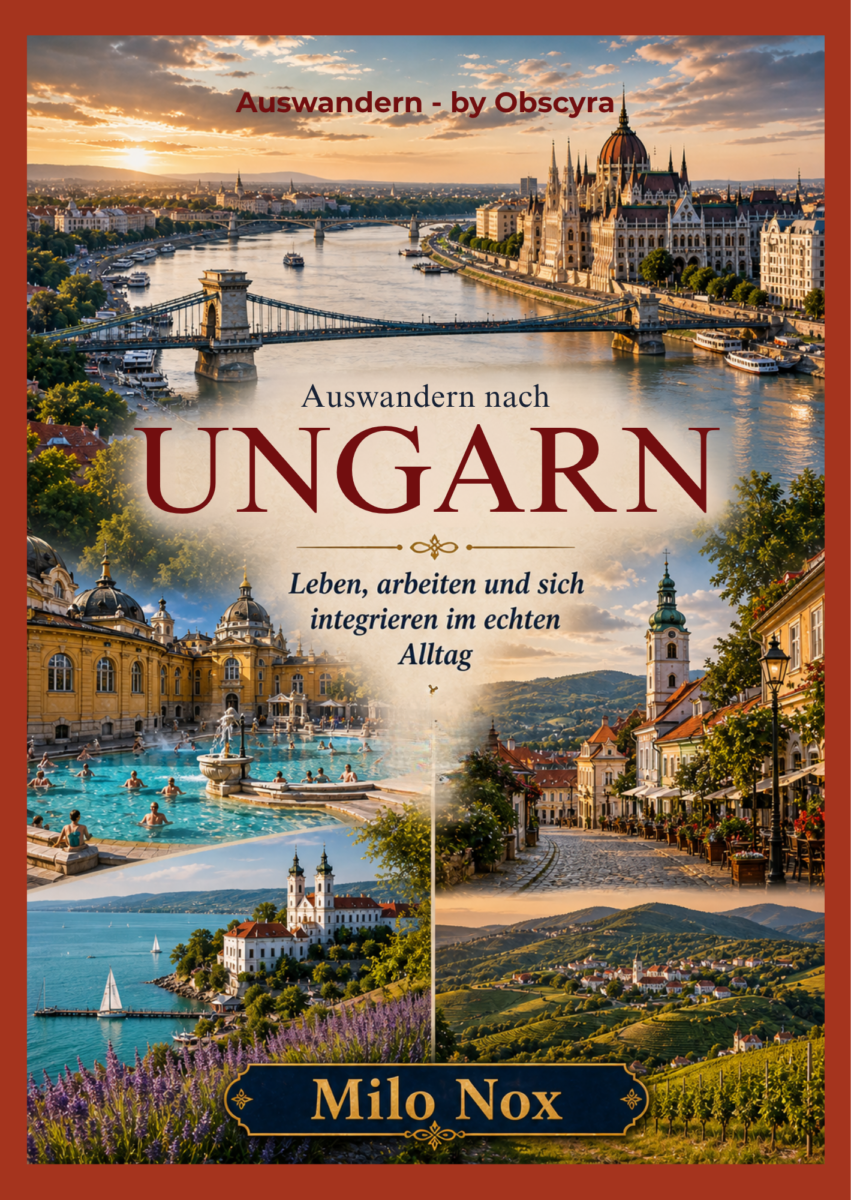 Buchcover Auswandern nach Ungarn von Milo Nox, mit Blick auf Budapest, Donau, Parlament, Thermalbad, Dorfstraßen und Landschaften Ungarns.