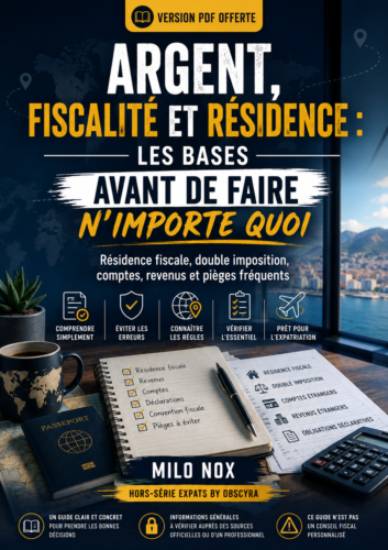 Couverture du guide gratuit Argent, fiscalité et résidence de Milo Nox