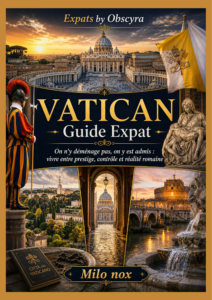 Couverture du livre Vatican Guide Expat, collection Expats by Obscyra, montrant la basilique Saint-Pierre, la place du Vatican, un garde suisse, le drapeau pontifical, des vues de Rome et le nom Milo Nox.