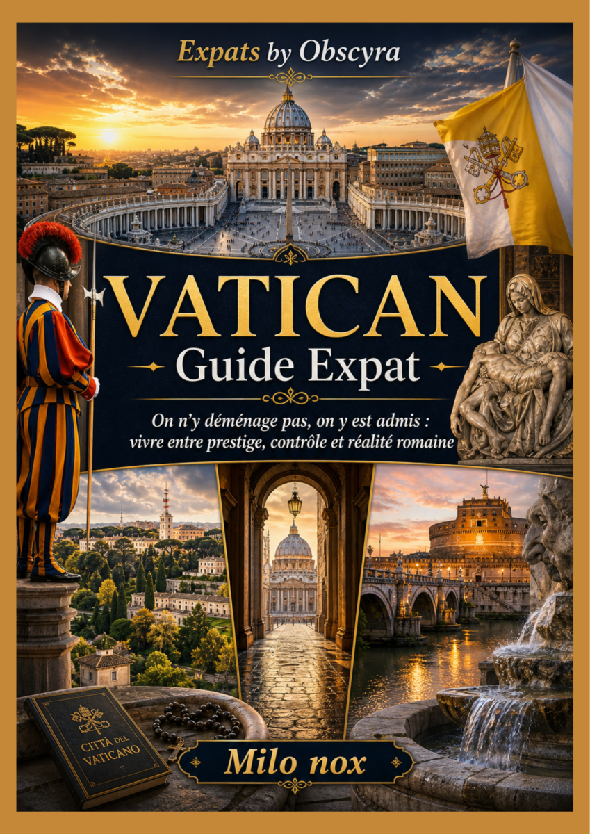 Couverture du livre Vatican Guide Expat, collection Expats by Obscyra, montrant la basilique Saint-Pierre, la place du Vatican, un garde suisse, le drapeau pontifical, des vues de Rome et le nom Milo Nox.
