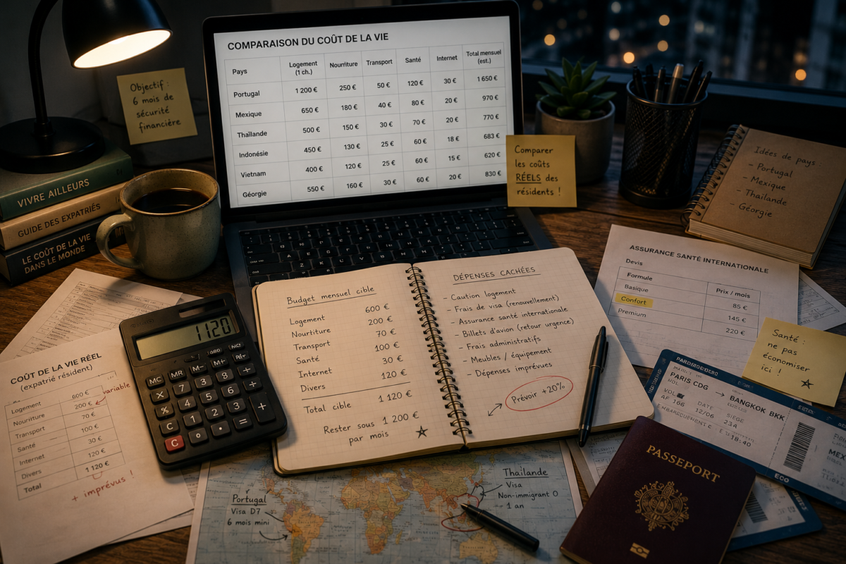 Espace de travail nocturne avec calculatrice, budget manuscrit, comparatif du coût de la vie, passeport et notes pour préparer une expatriation à petit budget.