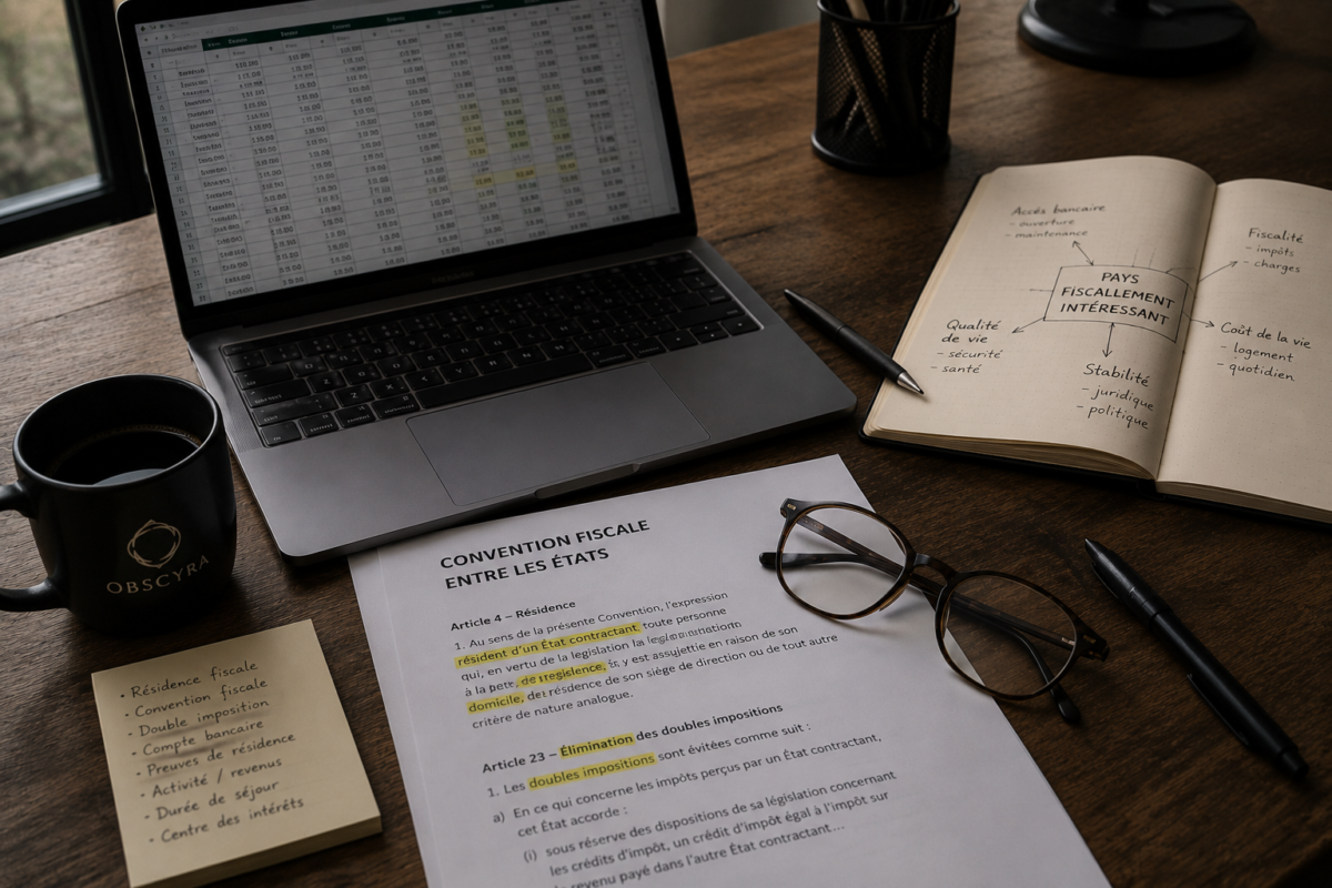 Bureau de travail avec ordinateur, tableur, convention fiscale surlignée, carnet de notes, lunettes et café Obscyra pour illustrer les critères fiscaux d’une expatriation.