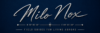 Signature Milo Nox sur fon bleu avec tagline