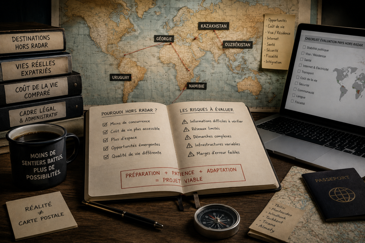 Bureau de préparation avec carte du monde, carnet de terrain, boussole, passeport et notes sur les destinations hors radar pour illustrer une expatriation alternative mais réaliste.