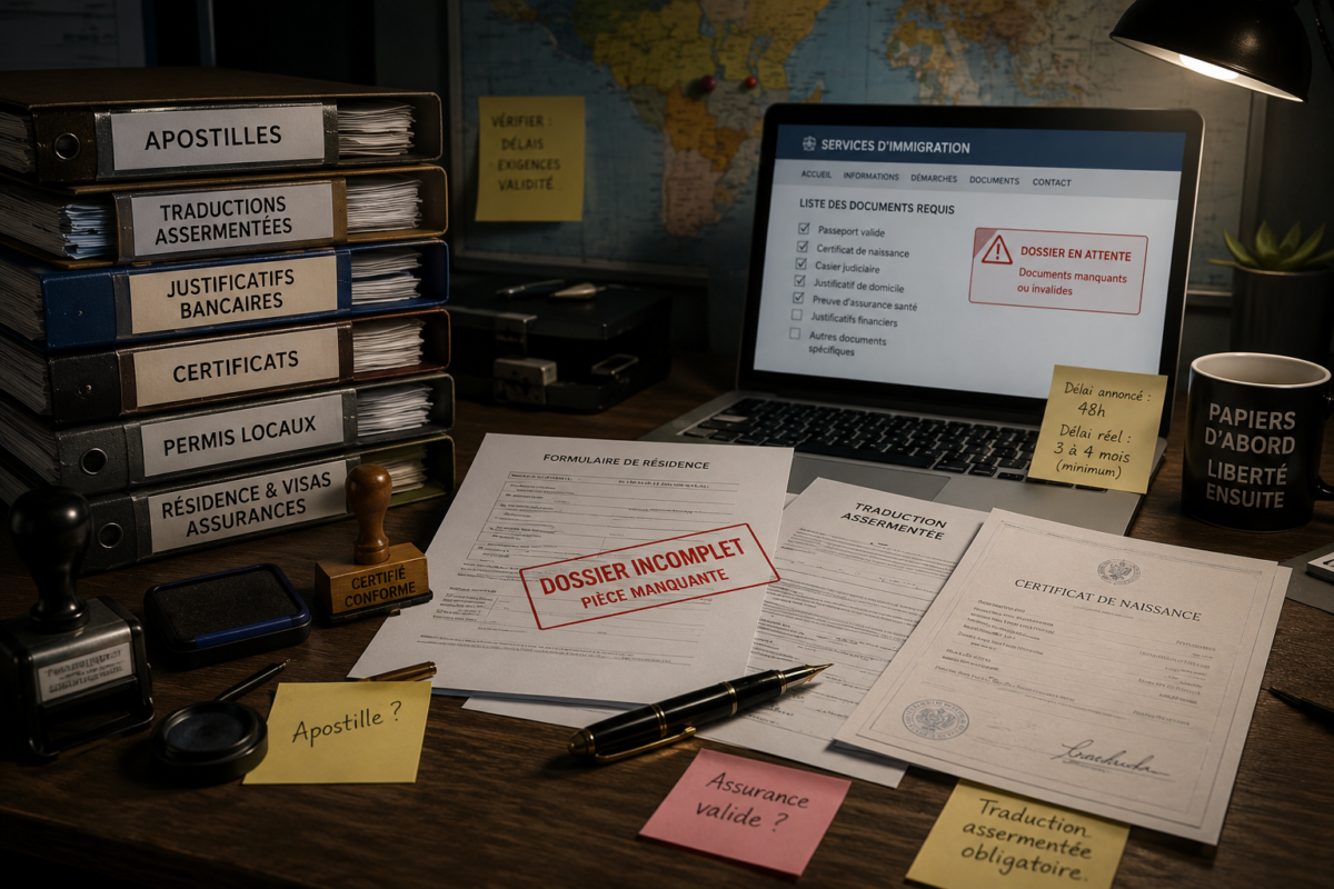 Bureau administratif avec dossiers d’apostilles, traductions assermentées, justificatifs bancaires, formulaires de résidence et écran signalant un dossier incomplet pour illustrer les pièges administratifs de l’expatriation.