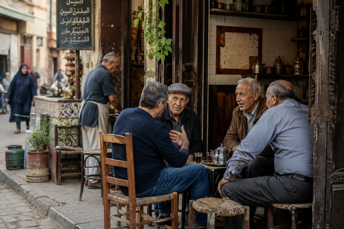 Scène de vie locale dans un café de quartier, avec des habitants discutant autour d’un thé, pour illustrer l’intégration réelle au-delà de la bulle expatriée.