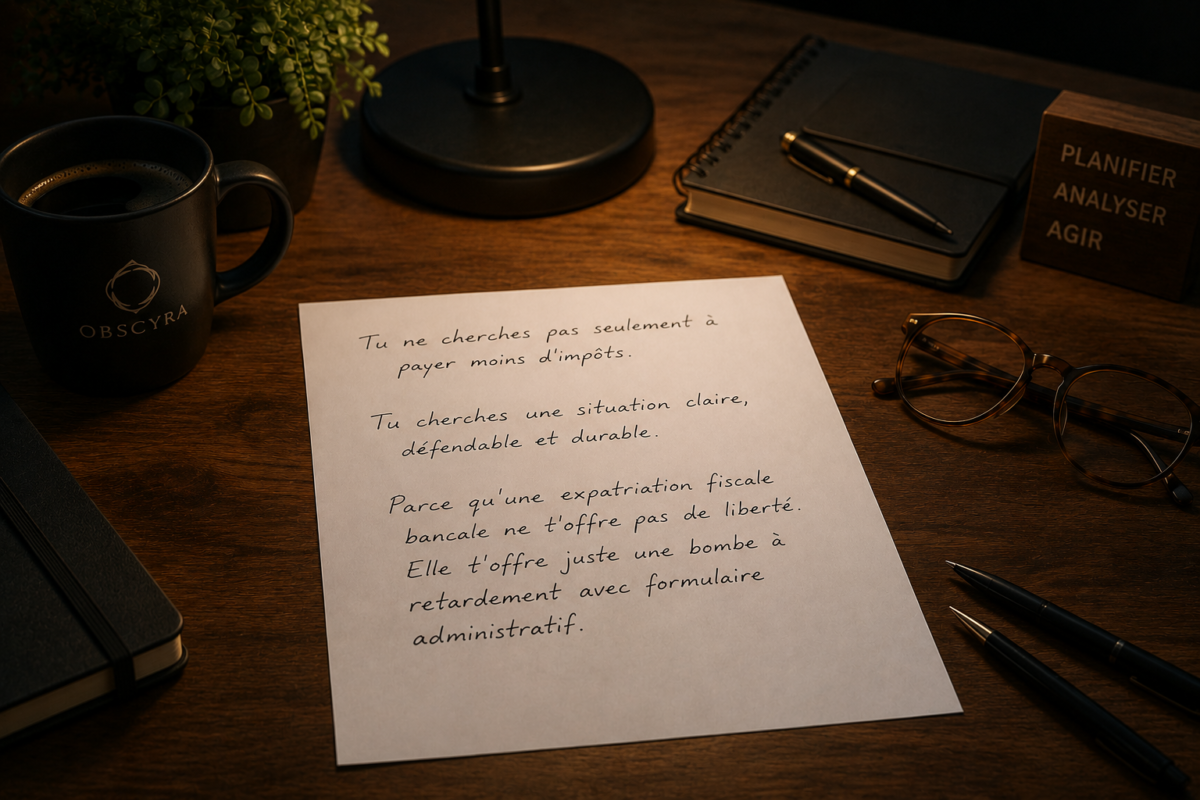 Note manuscrite sur une feuille posée sur un bureau sombre avec tasse Obscyra, lunettes et stylos, rappelant qu’une expatriation fiscale doit être claire, défendable et durable.