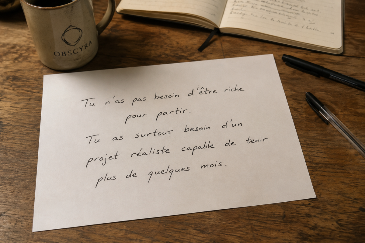 Note manuscrite sur une feuille posée sur un bureau, avec une tasse Obscyra et des stylos, rappelant qu’un projet d’expatriation doit être réaliste pour durer.