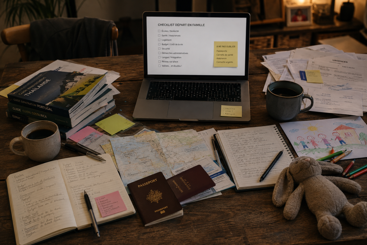 Table de préparation d’une expatriation familiale avec passeports, ordinateur, cartes annotées, carnets et documents administratifs.