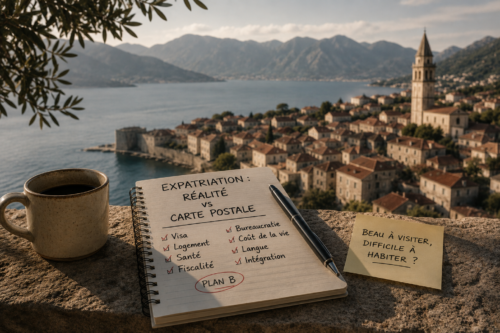 Carnet de notes face à une ville méditerranéenne pour illustrer la différence entre rêve d’expatriation et réalité quotidienne.